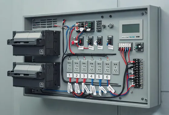 UPS battery module wiring inside a compact machine panel