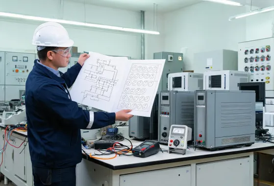 Engineer comparing UPS wiring diagrams at a test bench